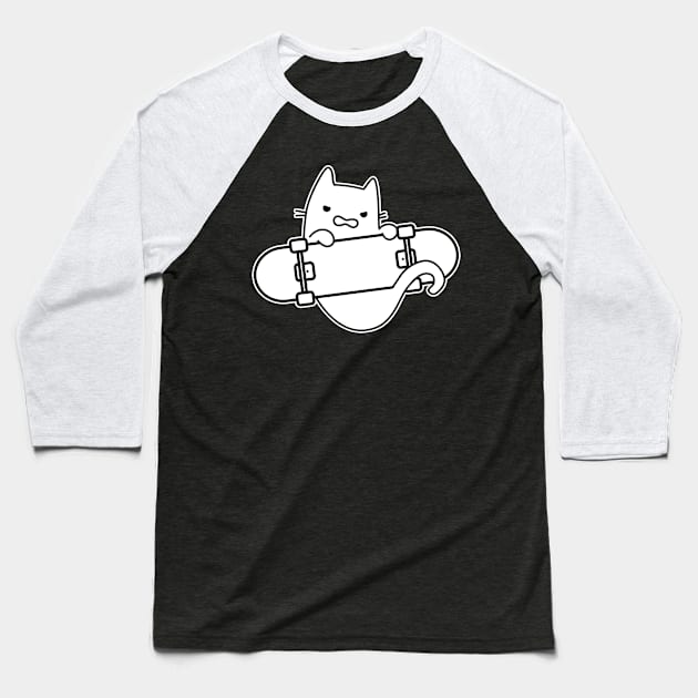 Angry Cat and Skateboard Skateboarding Outline Baseball T-Shirt by GlanceCat